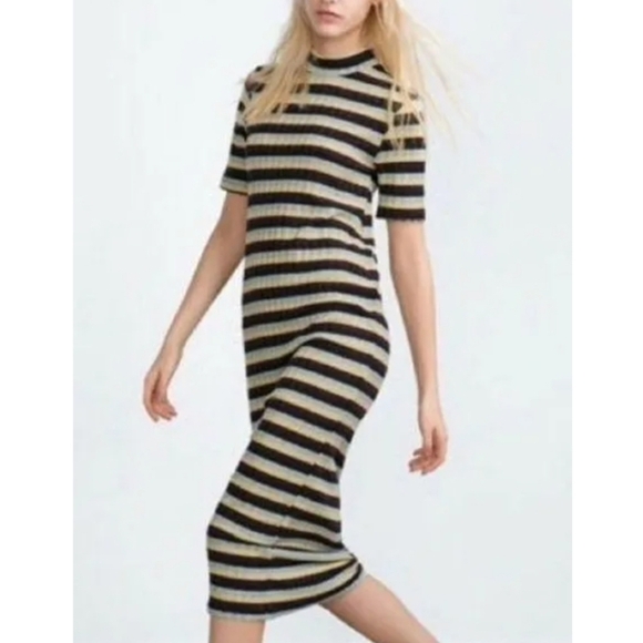 Y2K ZARA MULTICOLOR METALLIC MOCK NECK STRIPED KNIT BODYCON DRESS  SIZE LARGE - Picture 1 of 9